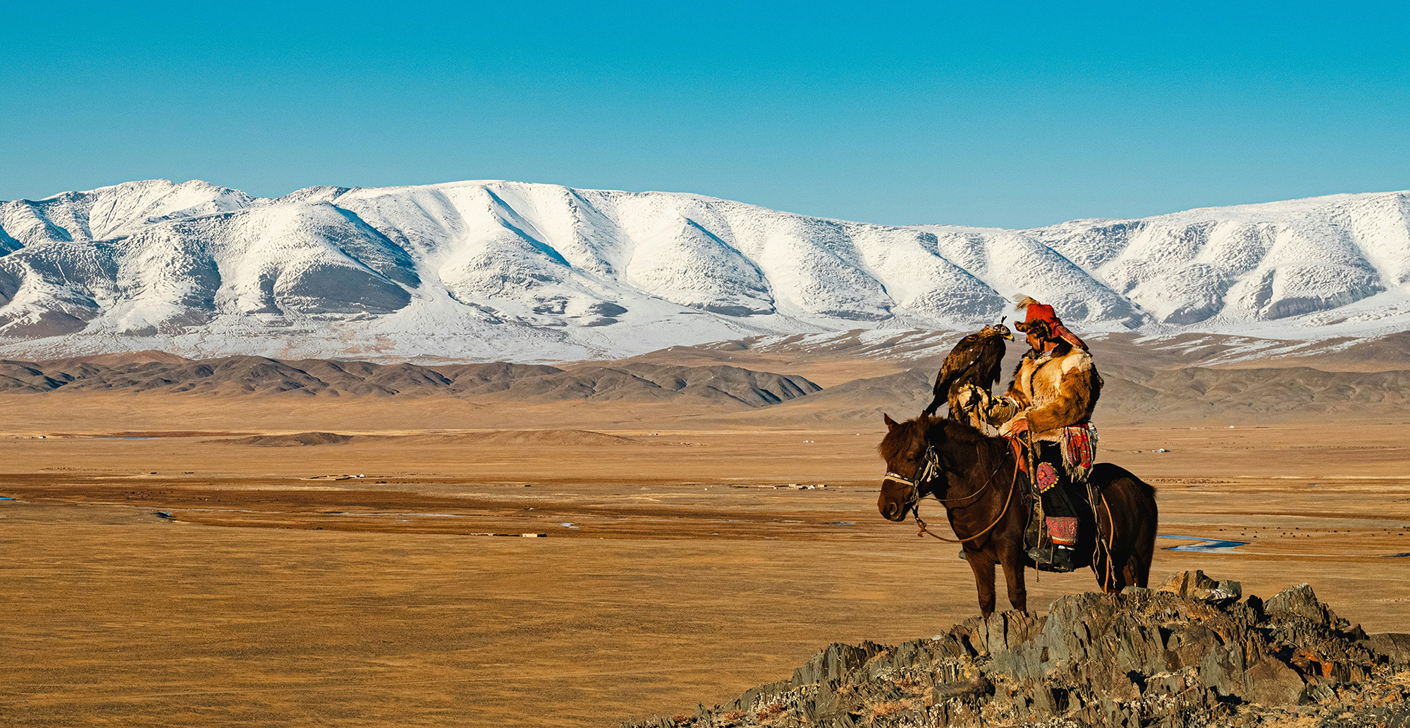 Mongolian eagle hunter on horseback before snow-capped Altai mountains
