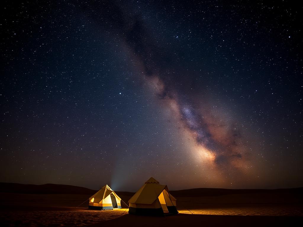Desert camp under a brilliant star-filled sky in the Gobi