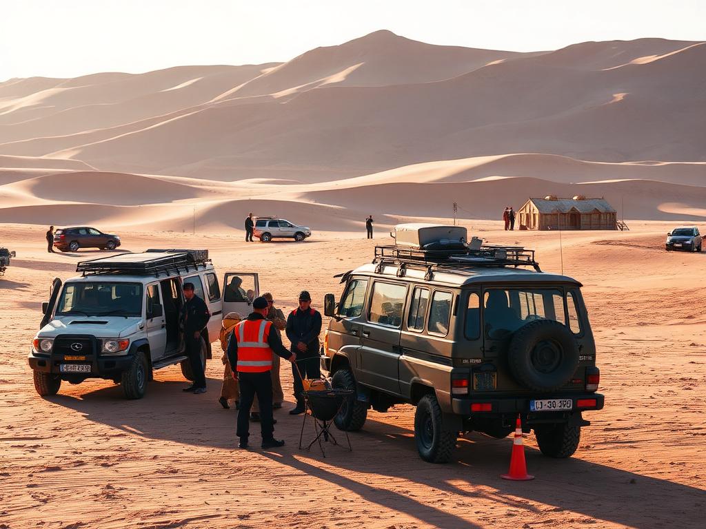 Expedition support team and vehicles in a remote desert camp