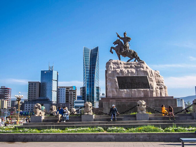 Aerial view of Ulaanbaatar, Mongolia's capital, with mountains in the background